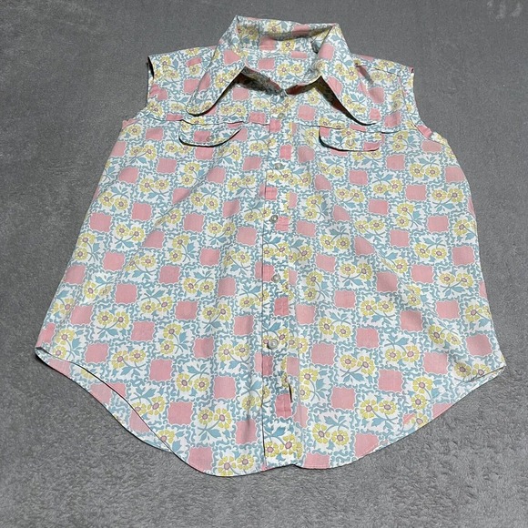 Vintage 70s Top Womens Medium Floral‎ Novelty Print Collared Button Up Tank Top - Picture 1 of 7